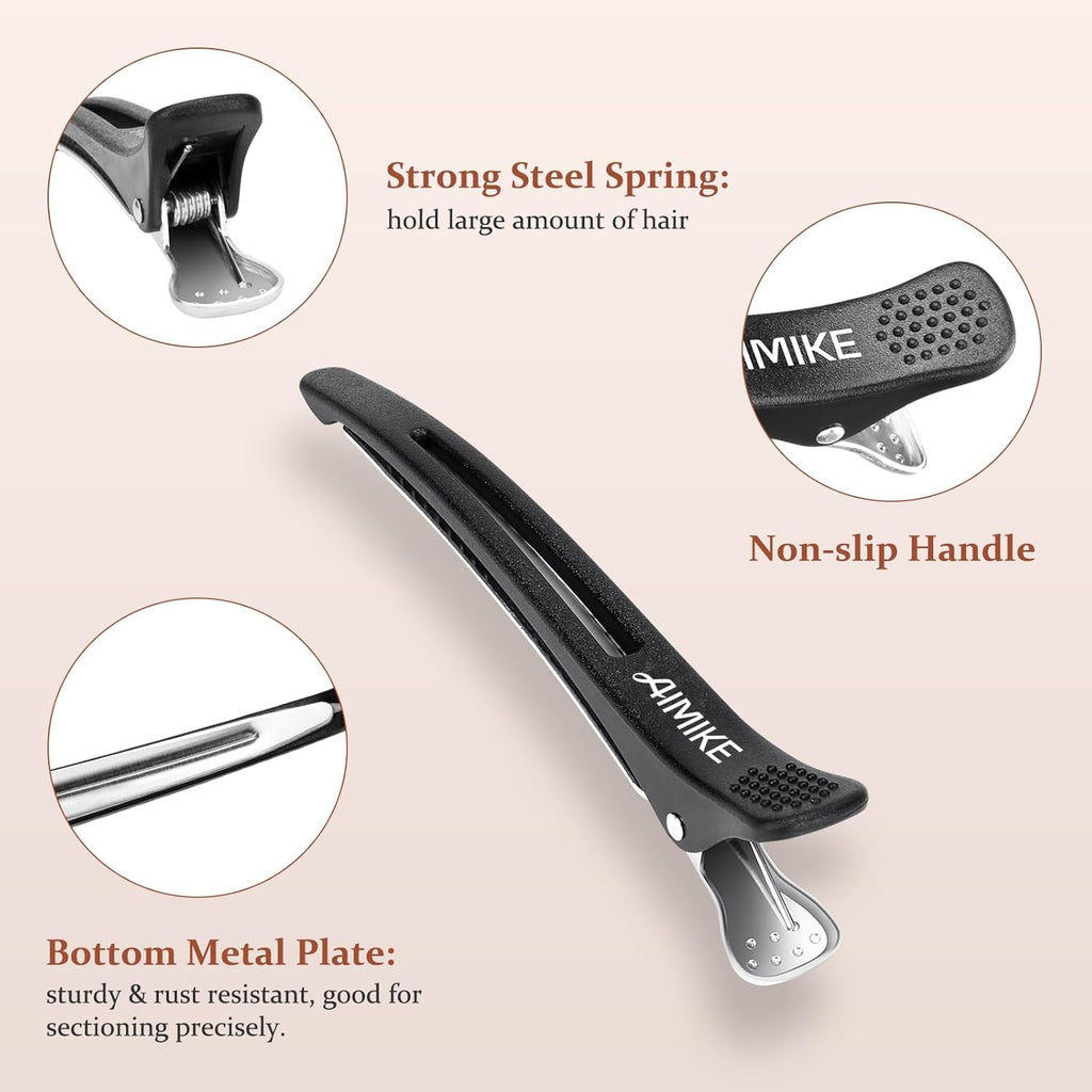 6Pcs Professional Hair Clips for Styling Sectioning, Non Slip No-Trace Duck Billed Hair Clips with Silicone Band, Salon and Home Hair Cutting Clips for Hairdresser, Women, Men - Black 4.3” Long