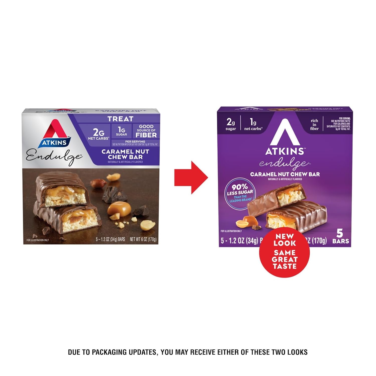 Atkins Endulge Caramel Nut Chew Bar, Dessert Favorite, 1G Sugar, Good Source of Fiber, 5 Count